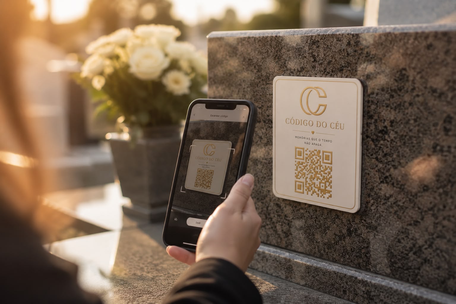 Pessoa escaneando a placa com QR Code Código do Céu fixada em uma lápide