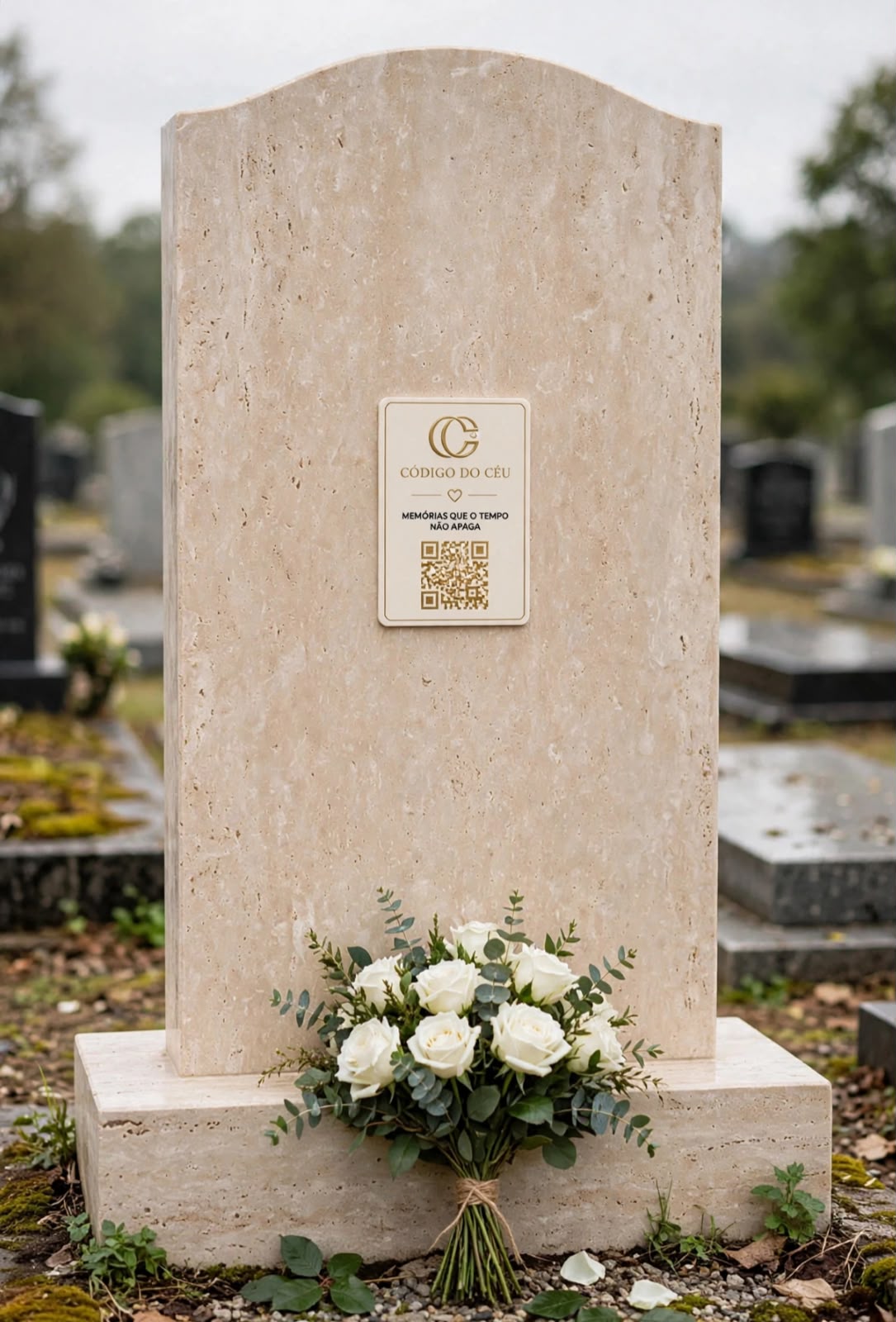 Placa Código do Céu com QR Code aplicada em uma lápide de mármore claro